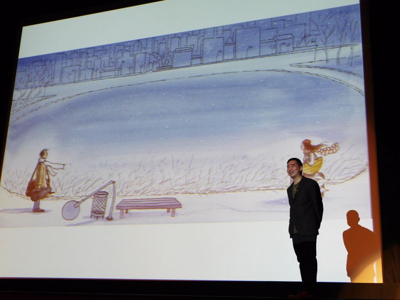 幾米於講座上展示多幅繪本作品及動畫，並加以闡述。